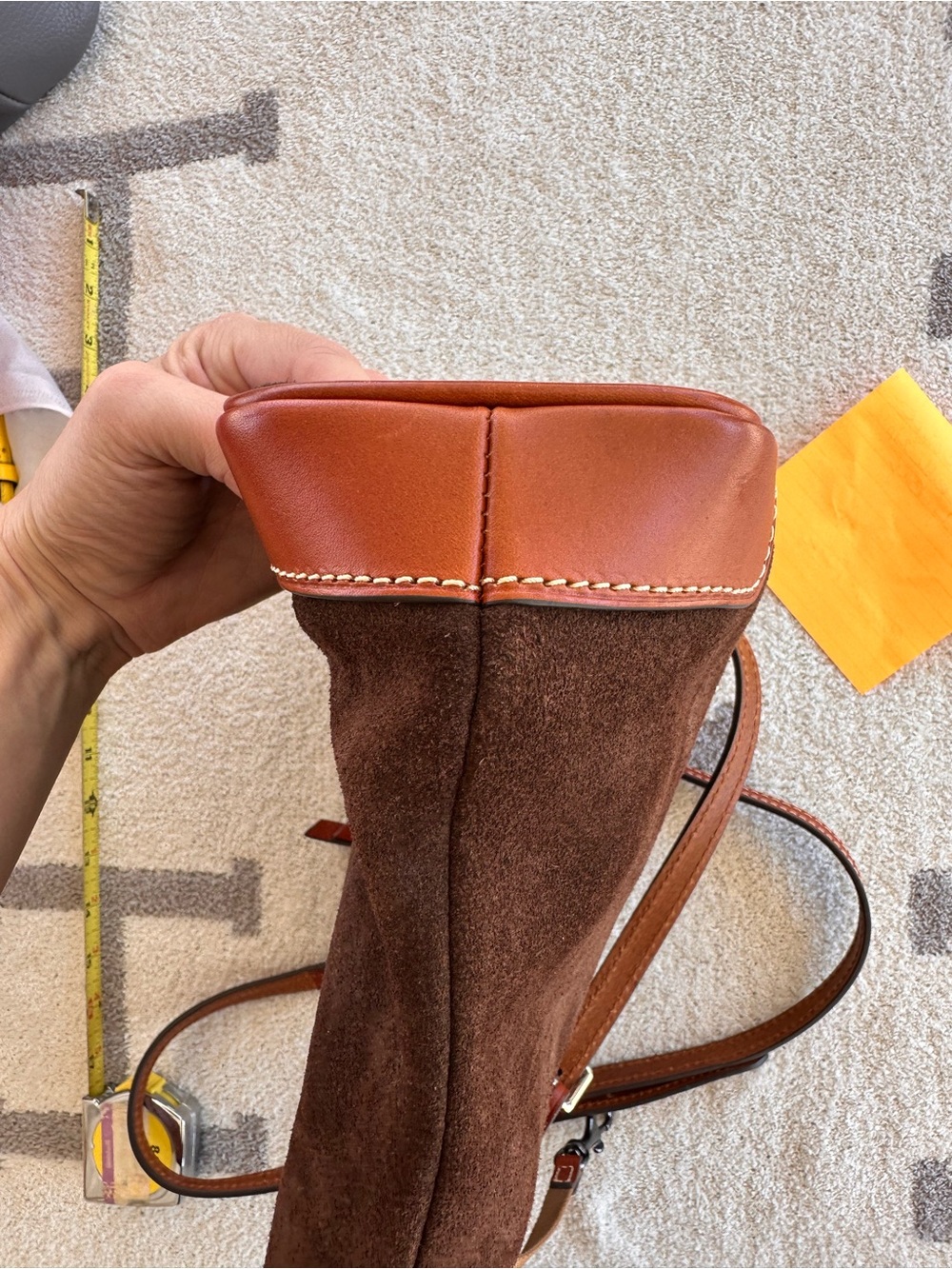 Dooney & Bourke Dark Brown Suede Crossbody Bag with Tan Trim - Picture 14 of 15